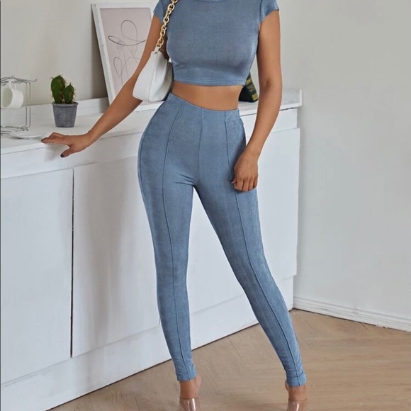 Leggings blue line solid high waist pants bottoms tights - Picture 3 of 5